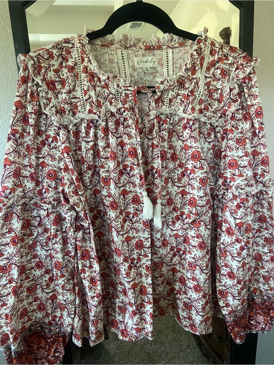 Wonderly Tops - Wonderly Red and White Floral Peasant Blouse